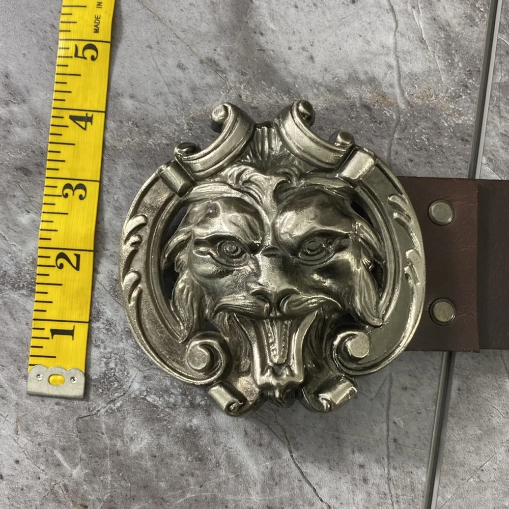 Vintage J.S.S. Elche Belt Face Brown Silver Leather‎ Large Metal Buckle Dragon